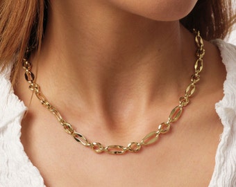 14K Gold Paperclip Rolo Chain Necklace, Rectangle Long Chain, Chunky Oval Chain Link Necklace, Layered Necklace, Dainty Chain, Gift For Her