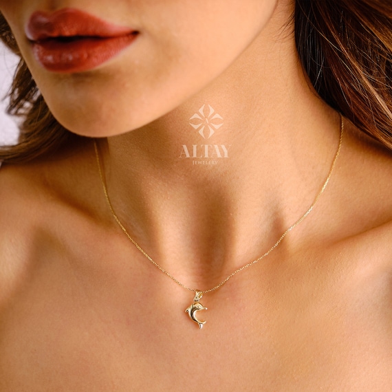 14K Gold Dolphin Necklace, Dolphin Pendant, Dolphin Fish Charm, Ocean Choker Charm, Valentine's Day Gift, Animal Jewelry, Gift for Her