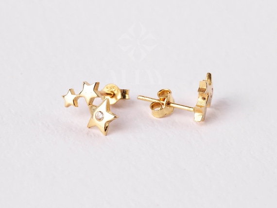 14K Gold Star Cluster Stud Earrings, CZ Diamond Dainty Stud Earrings Gold Star Earrings, Starburst Tiny Stud Earrings, Small Stud Earrings