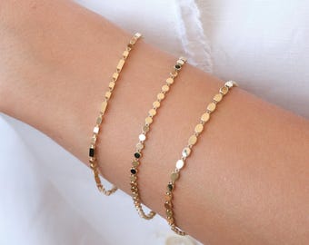 14K Gold Disc Chain Bracelet, 3mm Flat Dot Gold Bracelet, Minimal Everyday Gold Chain, Solid Gold Stacking Bracelet Gift for Her
