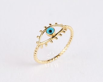 14K Gold Evil Eye Ring, Evil Eye Protection Ring, Tiny Evil Eye Band Ring, Womens Pinky Ring, Minimalist Third Eye Ring, Good Luck Ring