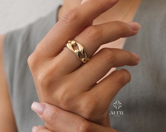 14K Gold Chain Ring, Chunky Link Ring, Thick Chain Curb Ring, Bold Chain Ring, Solid Gold Stacking Ring, Layering Minimalist Chain Link