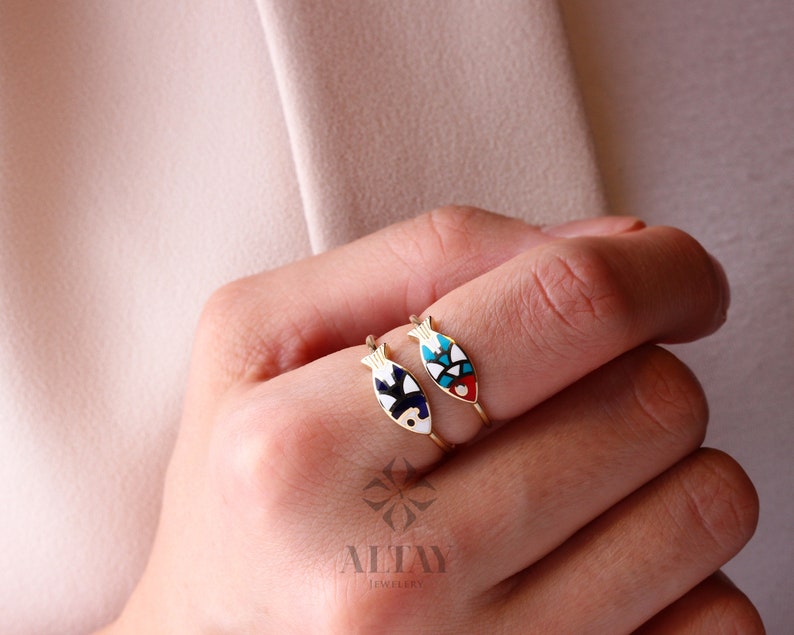14K Gold Fish Ring, Enamel Fish Ring, Turquoise Dainty Gold Stacking ...