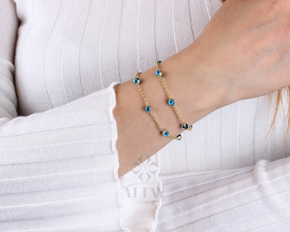 14K Gold Evil Eye Bracelet, Tiny Evil Eye Ring, Evil Eye Bead Bracelet, Rolo Gold Chain, Good Luck Nazar Bracelet, Third Eye Spiritual