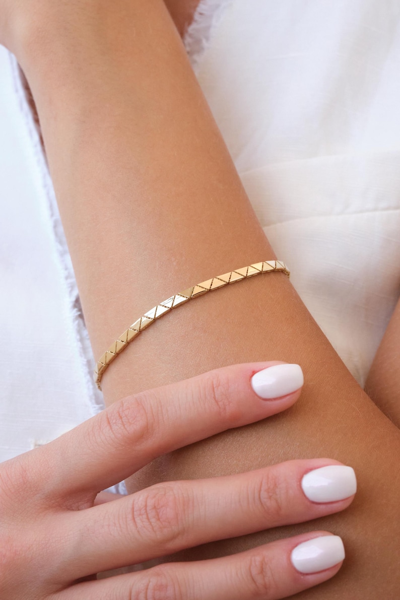 Triangular Gold Bracelets 14K Gold Chevron Link Bracelet, 3mm Geometric Triangle Gold Bracelet ...