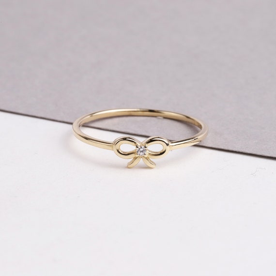 14K Gold Bow Tie Ring, Bow Tie Cz Diamond Band Ring, Mini Bow Ring, Ribbon Bow Ring, Dainty Style, Knot Ring, Promise Ring, Round Cz Diamond