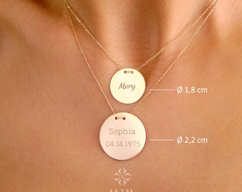 14K Solid Gold Personalized Disk Necklace, Custom Name Coin Necklace, Engraved Date Coin, Initial Disk Minimal Charm, Gift For Her Him