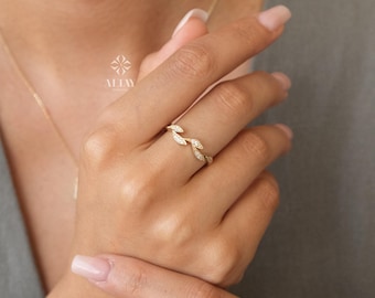 14K Gold Leaf Diamond Ring, Olive Branch Gold Ring, Dainty Nature Inspired Band, Real Gold Stacking Ring, Gift for Her