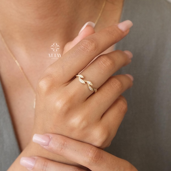 14K Gold Leaf Diamond Ring, Olive Branch Gold Ring, Dainty Nature Inspired Band, Real Gold Stacking Ring, Gift for Her