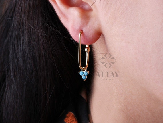 14K Gold Turquoise Rectangle Earrings,  Trio Stone Hoop Earrings, Tiny Three Stones Earring, Dainty Delicate Gift For Her