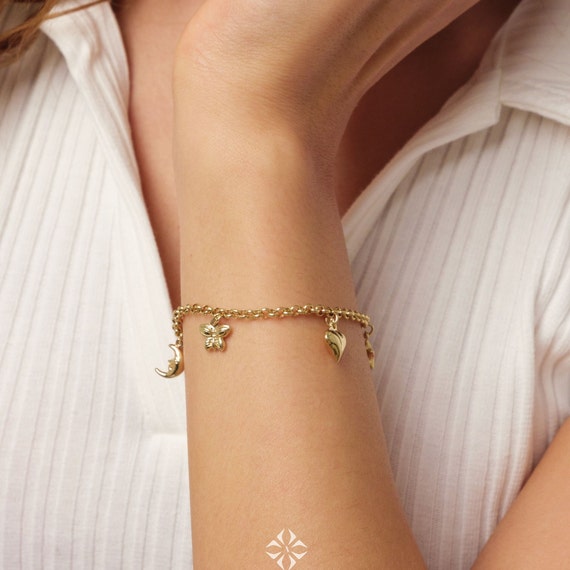 14K Gold 3mm Rolo Chain, Gold Heart Charm Bracelet, Love Bracelet, 3D Bee Moon Heart Clover Charm Jewelry, Link Heart Bracelet, Gift for Her