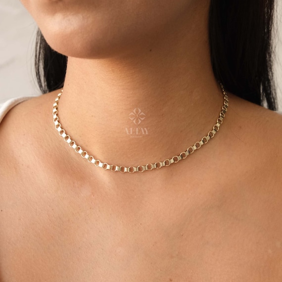 14K Gold Rolo Chain Necklace, 5mm Gold Link Belcher Chain Choker, Belt Link Charm Necklace, Minimal Delicate Round Necklace, Woman, Man