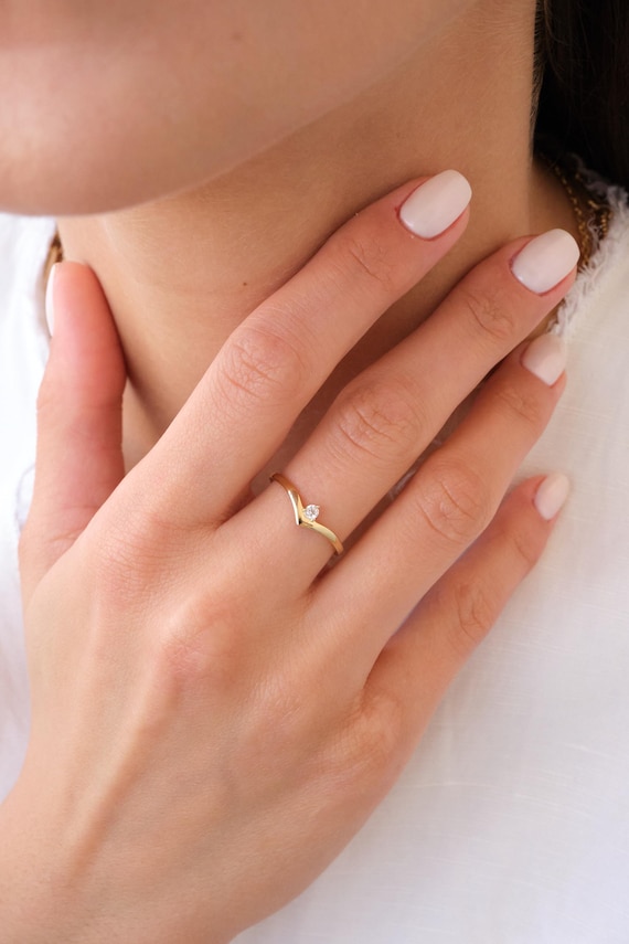 14K Gold Curved Solitaire Ring with CZ, Minimal Gold Solitaire Ring, Dainty CZ Ring, Simple Gold Ring, Everyday Gold Ring for Her