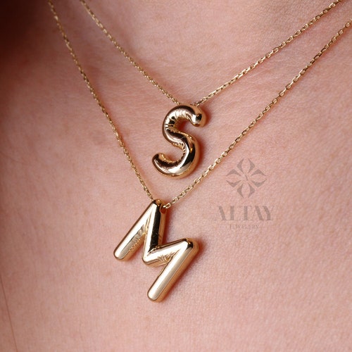 14K Gold Initial Necklace 3D Gold 