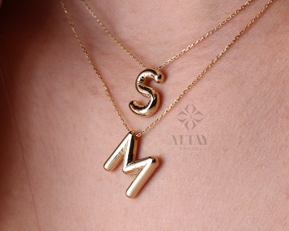 14K Gold 3D Letter Necklace, Bubble Name Necklace, Balloon Initial Pendant, Personalized Jewelry, Custom Stunning Necklace, Gift for Mom