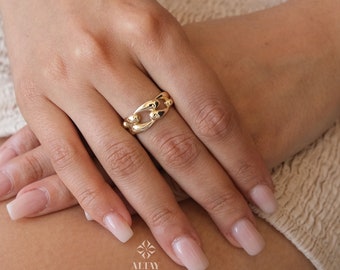 14K Gold Chain Link Ring, Chunky Real Gold Band, Modern Link Ring for Women, Statement Gold Jewelry, Gift for Her