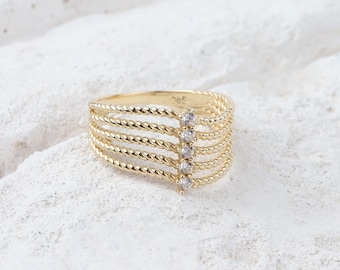 14K Gold 5 Stone Wedding Ring, Braided Band, Promise Anniversary Ring, Bridal Ring, Five Stone Stacking Ring, Dainty Ribbed Wedding Band