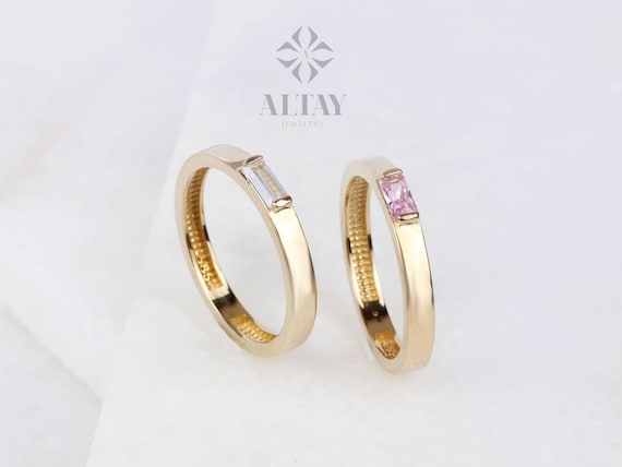 14K Gold Birthstone Ring, Baguette Gemstone Band, Gold Stacking Ring, Dainty Wedding Ring, Christmas Tiny Stackable Ring, Gift For Her