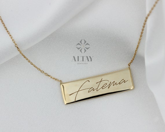 Bar Name Tag Necklace, 14K Solid Gold, Customize Personalized Necklace Bar, Gift For Her, Horizontal Bar Stamped, Engraved Necklace, Fashion