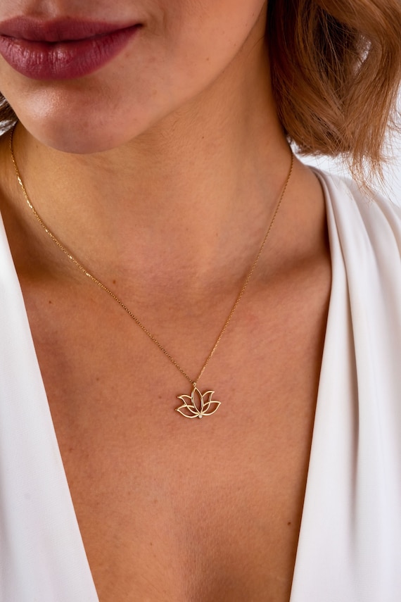 14K Gold Lotus Necklace, Lotus Flower Necklace, Gold Lotus Necklace, Yoga Necklace, Meditation Necklace, Lotus Floral Necklace, Gift For Mom