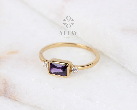 14K Gold Amethyst Ring, Emerald Cut Purple Stone Ring, Dainty Real Gold Birthstone Ring, Minimal Diamond Accent Band, Gift for Her