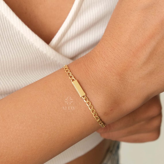 14K Gold Cuban Link Bracelet, Dainty Bar Bracelet, Curb Chunky Engraved Bracelet, Skinny Bar Bracelet, Stacking Bracelet, Men Women Chain
