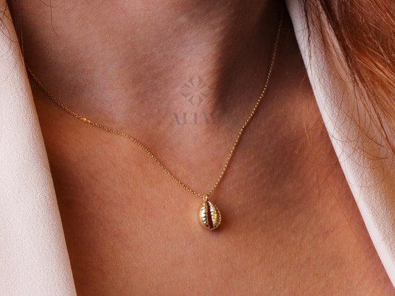 14K Gold Sea Shell Necklace, Cowrie Shell Charm Necklace, Conch Seashell Pendant, Boho Shell Jewelry, Pearl Accent Necklace, Valentines Day