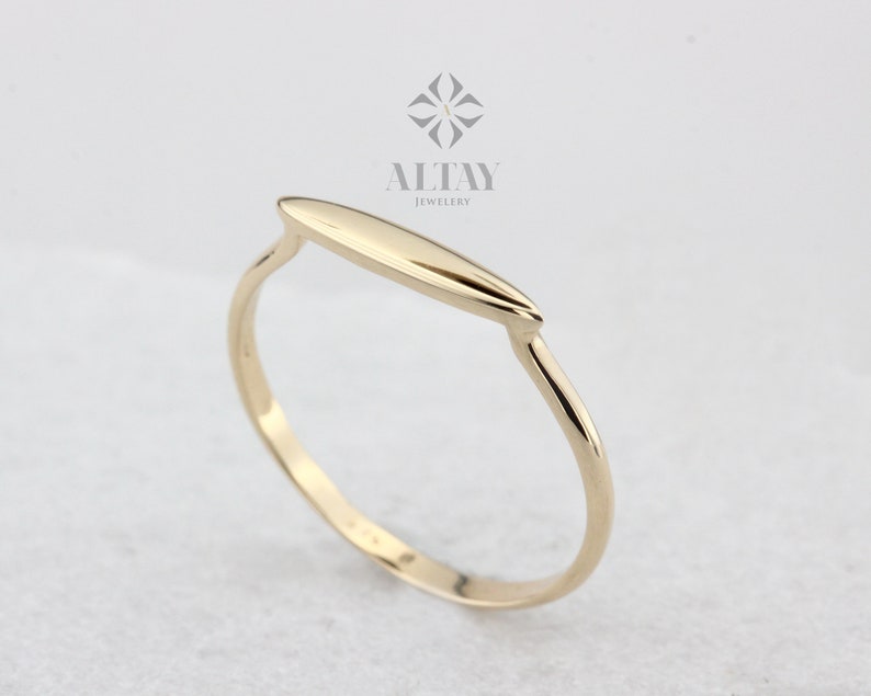 14K Solid Gold Rectangle Bar Ring, Plain Stacking Ring, Thin Gold, Stackable Knuckle Dainty Ring, Geometric Jewelry, Real Gold, Gift for Her image 1