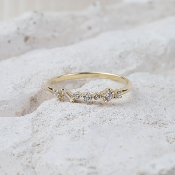 14K Gold Half Eternity Ring, 2mm CZ Diamond Wedding Ring, Round Wedding Ring, Delicate Engagement Band, Stacking Promise Ring