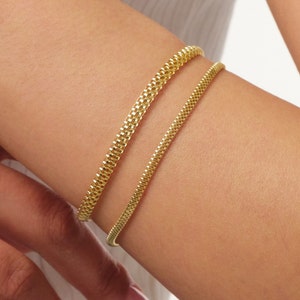 14K Gold Popcorn Bracelet, 4.5mm Curb Wrist Chain, Gold Herringbone Stack Link Chain, Braided Bismark Bracelet, Valentine&#39;s Day Gift