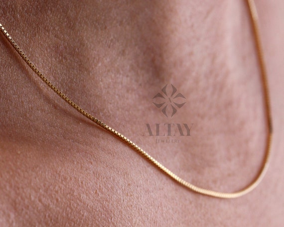 14K Solid Gold Box Chain Necklace, 0.7 mm Box Chain Choker, Dainty Layered Necklace, Shiny Box Chain Necklace, Gift For Her Him