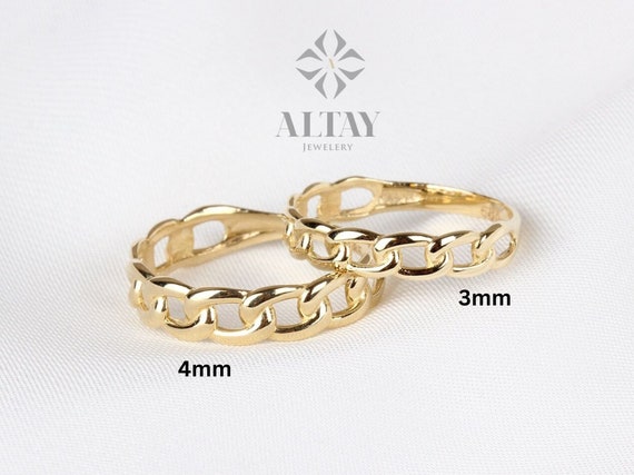 14K Gold Chain Ring, 3mm 4mm Oval Chain Band Ring, Dainty Stacking Ring, Chunky Chain Ring, Pointer Finger Gold Ring, Thick Chain Curb Ring