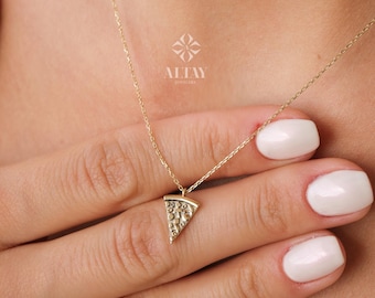 14K Gold Triangle Pendant Necklace, Textured Gold Pizza Slice Necklace, Unique Dainty Necklace, Minimalist Real Gold Jewelry