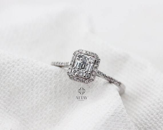 14K Gold Baguette Diamond Ring, Brilliant Diamond Engagement Ring, Rectangular Promise Ring, Personalized Wedding Ring, Valentine's Day