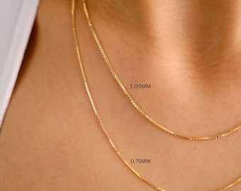 14K Gold Box Chain Necklace, 0.75mm 1mm Box Chain Necklace, Shiny Box Chain Choker, Dainty Layered Necklace, Simple Mothers Chain Necklace