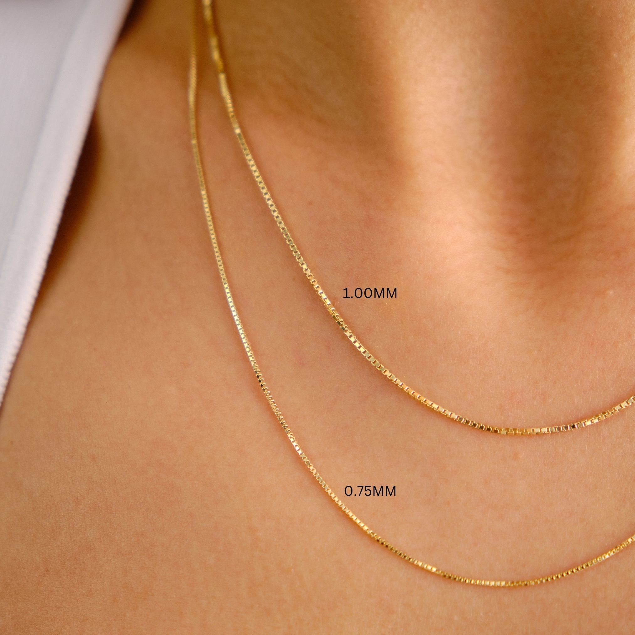 14K Gold Box Chain Necklace, 0.75mm 1mm Box Chain Necklace, Shiny