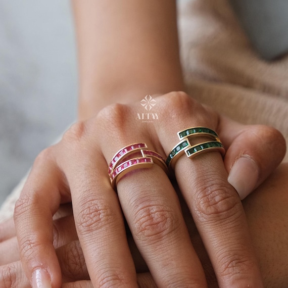 14K Gold Baguette Birthstone Ring, Birthstone Personalized Band Ring, Custom Gemstone Ring, Twisted Knuckle Band, Stacking Wedding Ring
