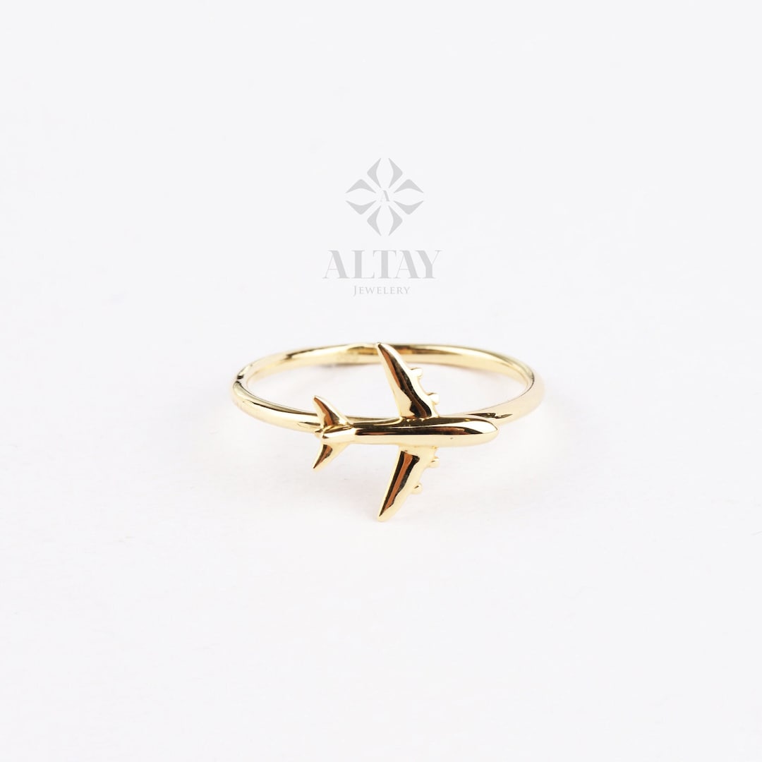 14K Solid Gold Airplane Ring, Aviation Gifts, Plane Gold
