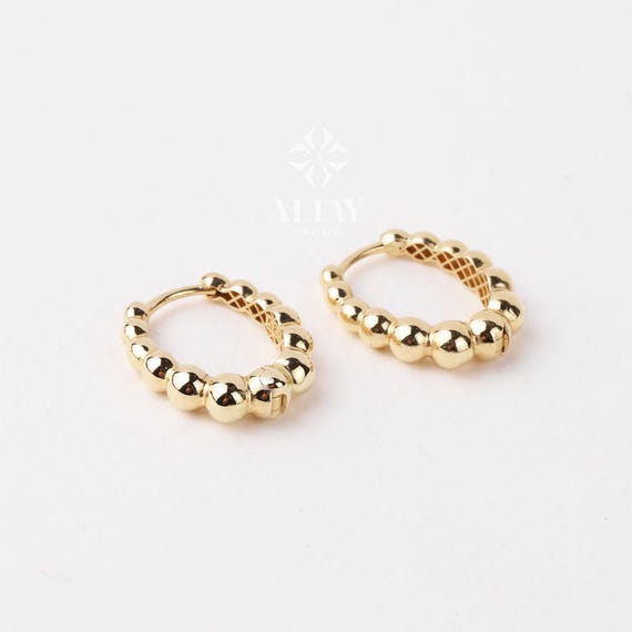 14K Gold Beaded Huggie Hoops, Tiny Bead Huggie Hoops, Bold Statement Earrings, Dainty Gold Ball Hoops, Minimalist Helix Piercing Gold Hoops