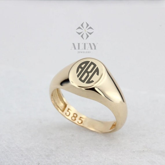 14K ゴールド シグネット リング、刻印入りシグネット リング 