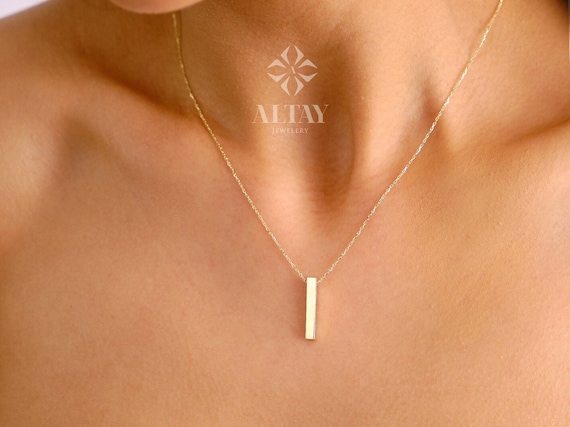 14K Gold 3D Vertical Bar Necklace, Personalized Name Necklace, 4 Side Engraved Pendant, Custom Family Gift Jewelry