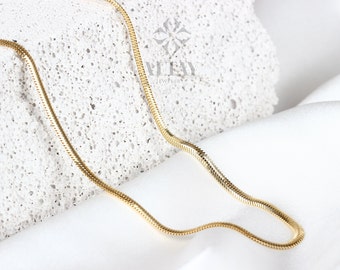 14K Gold Snake Chain Necklace, Gold Herringbone Chain, Gold Snake Chain, Flat Chain Necklace, Stacking Snake Chain Choker, Layering