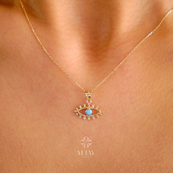 14K Solid Gold Evil Eye Necklace, Eyelash Charm Pendant, Turquoise Stone Charm, Good Luck Protection Symbol, Dainty Necklace, Gift For Her