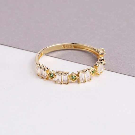 14K Gold Baguette Ring, Emerald Eternity Band Ring, Dainty Emerald Gemstone Ring, Green Stone Stacking Ring, Delicate May Birthstone Ring