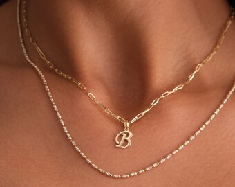 14K Gold Initial Necklace, Cursive Letter Pendant, Minimal Letter Charm, Name Choker, Paperclip Gold Chain, Colorful Bead Necklace