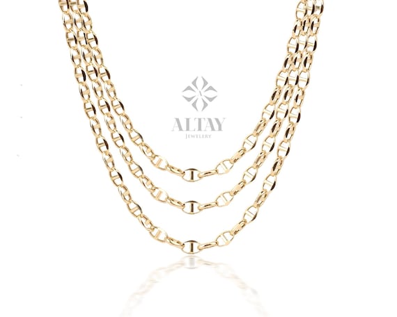 14K Gold Mariner Link Chain Necklace, Mariner Chain Choker, Puffed Chain Necklace, Yellow Gold Puff Mariner Chain, Designer, Dainty Gift