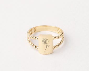 14K Gold Birth Flower Ring, Personalized Birth Flower Ring, Dainty Engraved Ring, Floral Jewelry, Custom Band Ring, Birth Month Flower Ring