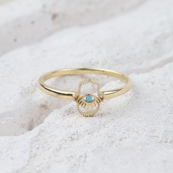 14K Gold Hamsa Hand Ring, Hand of Fatima, Gold Protection Ring, Minimalist Pinky Ring Women, Third Eye Band Ring, Handmade Gift Ring