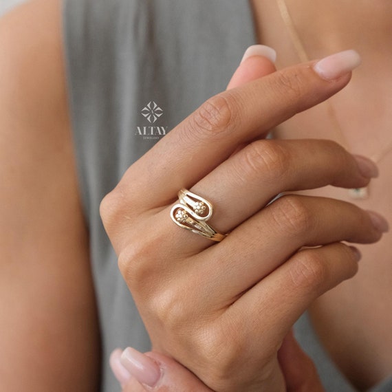 14K Gold Teardrop Ring, Two Band Flower Ring, Sunflower Band, Teardrop Shape Ring, Personalized Engagement Ring, Stackable Gold Ring