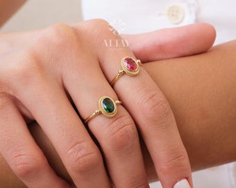 14K Gold Birthstone Ring, Emerald Gemstone Vintage Gold Stackable Ring, Dainty Gold Elegant Ring, Art Deco Wedding Band, Half Eternity Ring